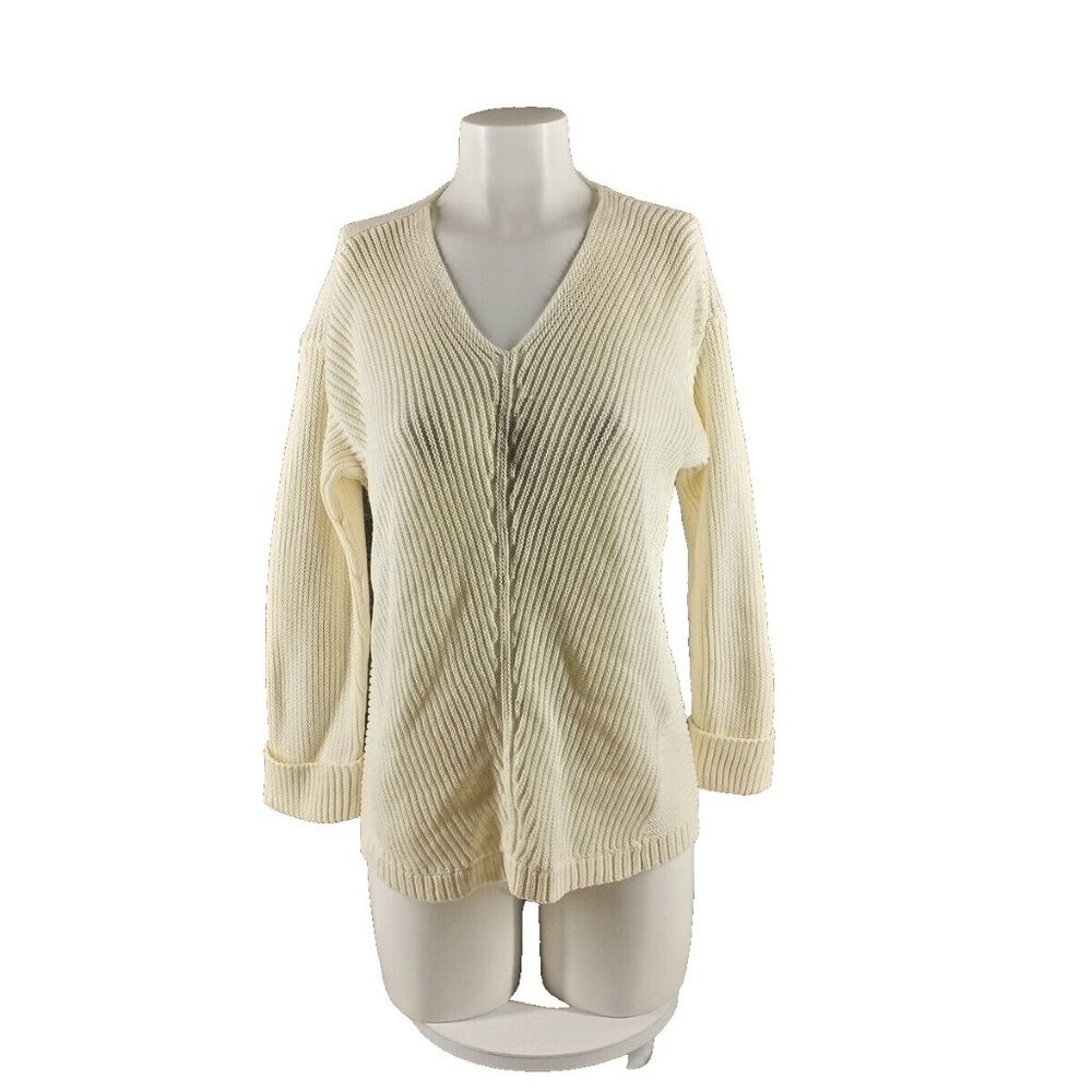 NWT CHARTER CLUB Cream Textured Sweater Petite MEDIUM 100% Cotton V-neck